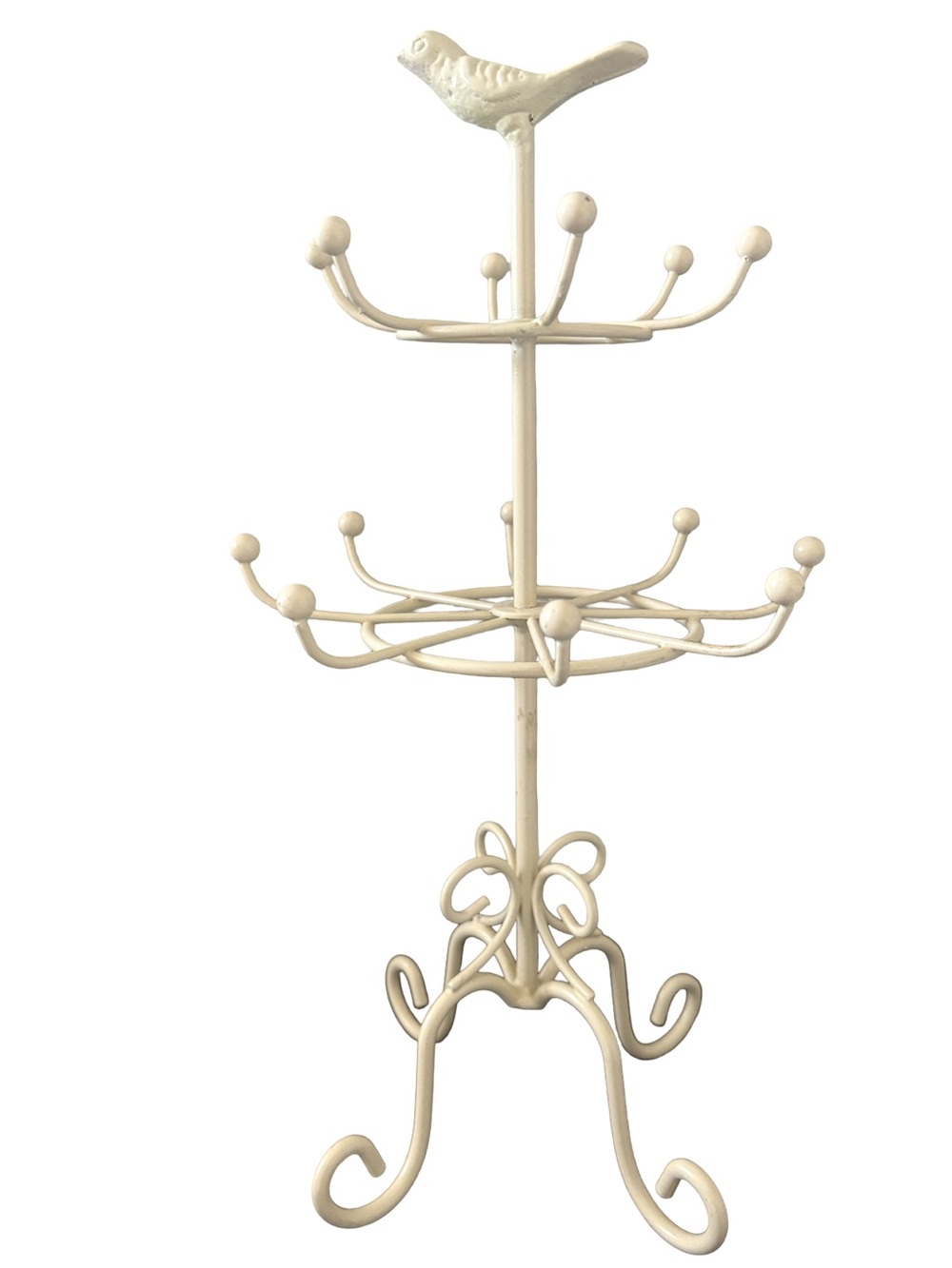 Ivory vintage Metal Jewelry Tree Holder with Bird Accent